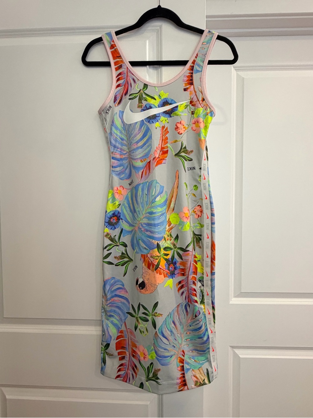 Nike Floral Parrot Midi Dress in Light Gray with Neon Accents